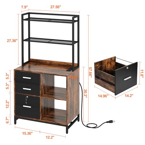 File Cabinet with Charging Station, 3 Drawer Filing Cabinet with Bookshelf, Large Printer Stand with Open Storage Shelves for Home Office, Locking File Cabinets Fits Letter/A4 Size, Brown