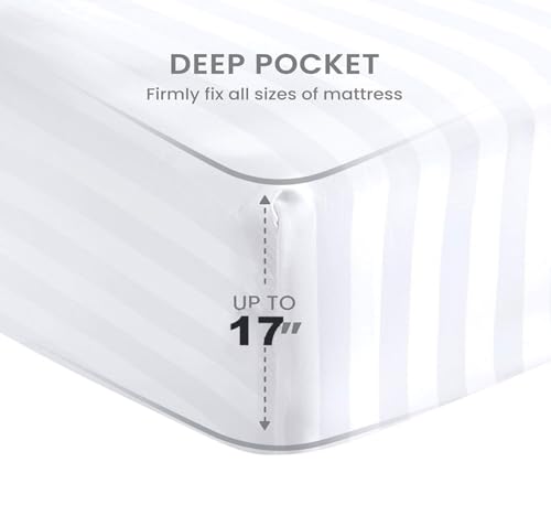 CASA ESENCIA 100% Egyptian Cotton Sheets King Size – 1000 Thread Count White Striped King Bed Sheet – 4 Piece Bedding Set - Extra Deep Pocket Fits Upto 17” – White Stripe Hotel Luxury Sheets