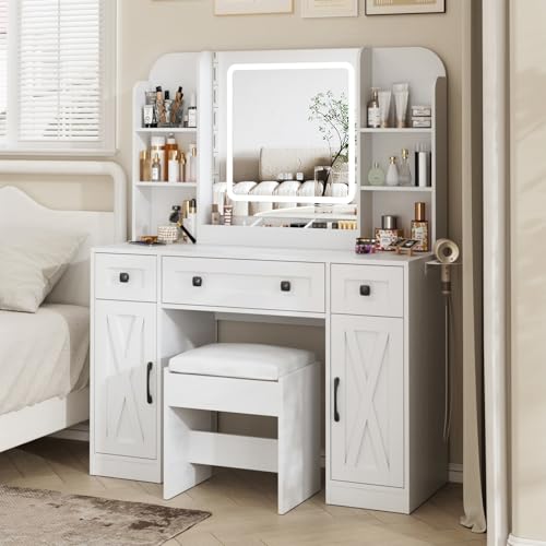 Vabches Makeup Vanity Desk, Vanity Mirror with Lights Desk and Chair,Makeup Table with 3 Large Drawers and 2 Cabinets, Time and Temperature Display, 3 LED Lighting Modes Adjustable, White