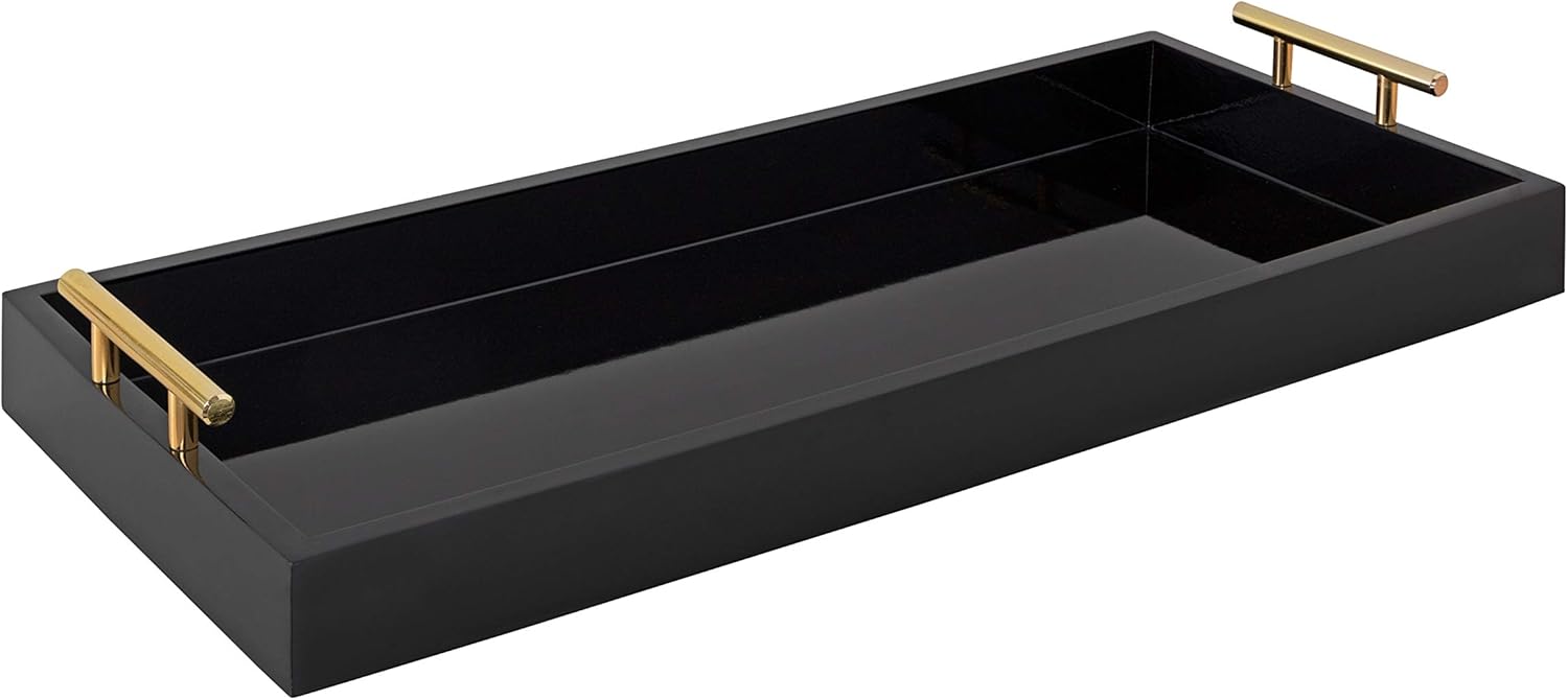 Kate and Laurel Lipton Narrow Decorative Tray with Polished Metal Handles, 10" x 24", Navy Blue and Gold, Chic Accent Tray for Display and Storage Pack of 2