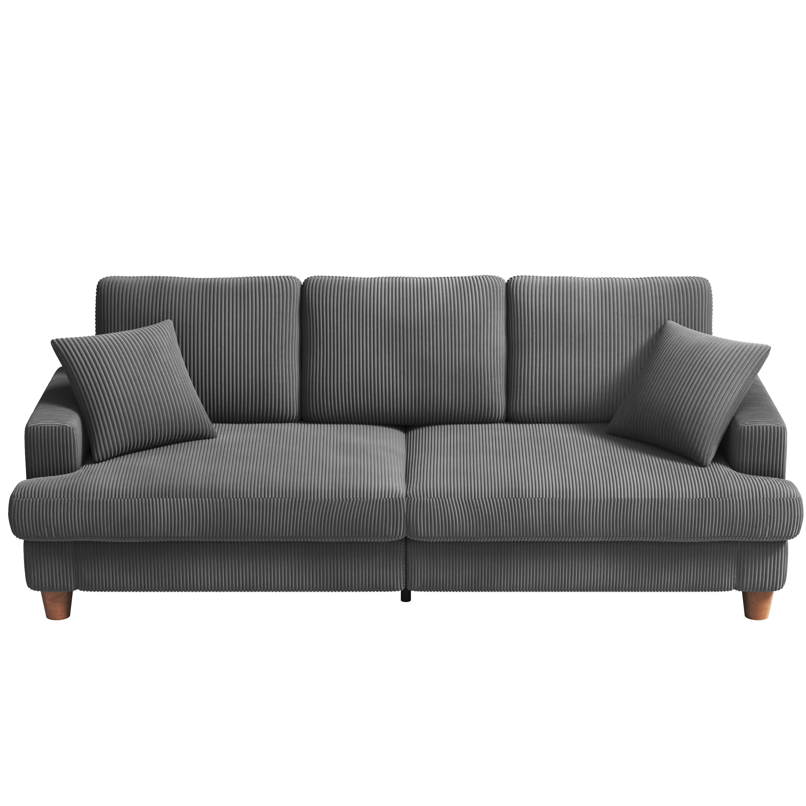 87" Corduroy Sofa,3 Seater Sofa Extra Deep Seats,Comfy Upholstered Couch for living Room,2 Pillows,Gray