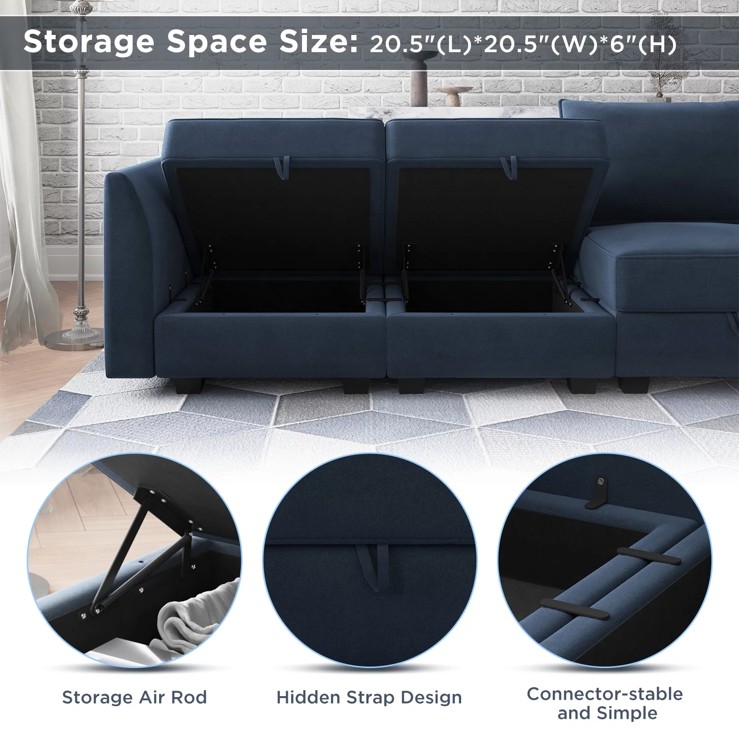 HONBAY Velvet Large Living Room Furniture Sofa Sleeper Bed Couch Set, Navy Blue