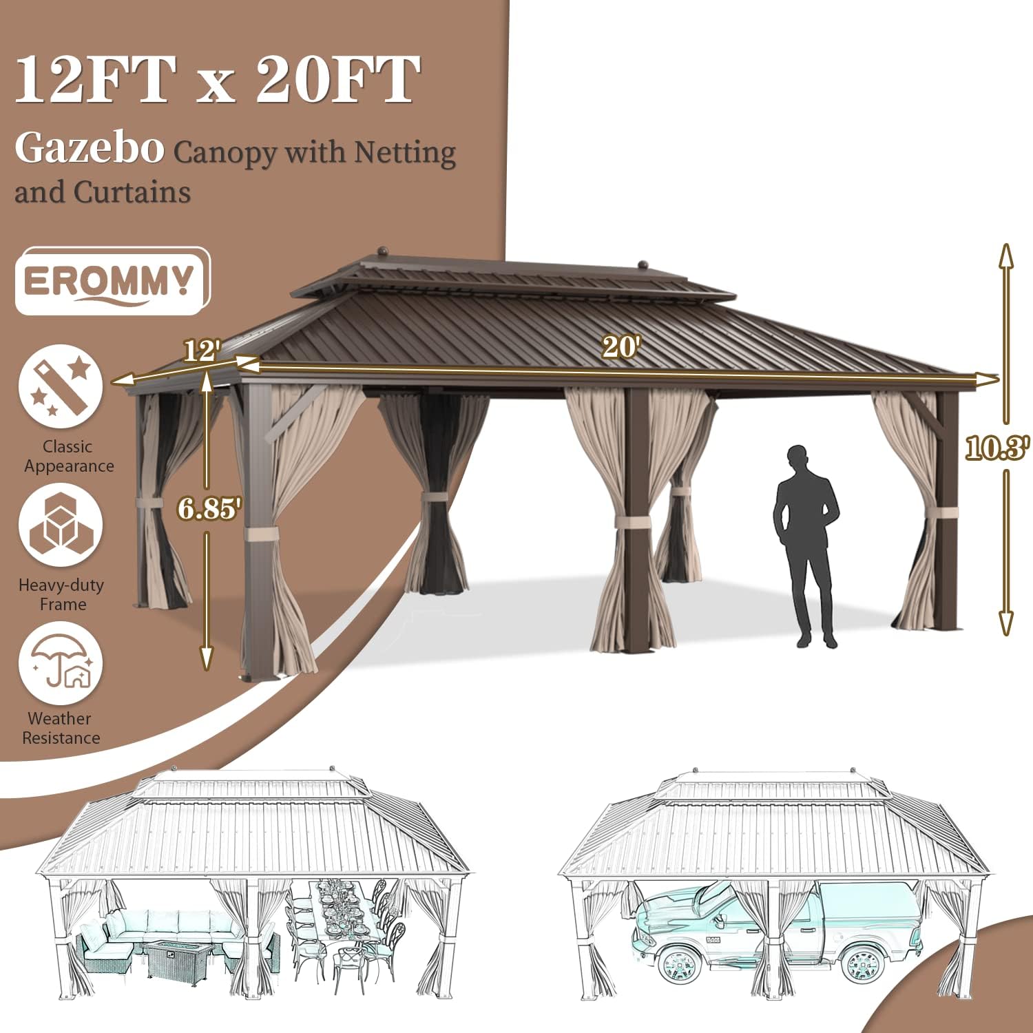 EROMMY Hardtop Gazebo Galvanized Steel Outdoor Gazebo Canopy Double Vented Roof Pergolas Aluminum Frame with Netting and Curtains for Garden,Patio,Lawns,Parties (10'x 13')