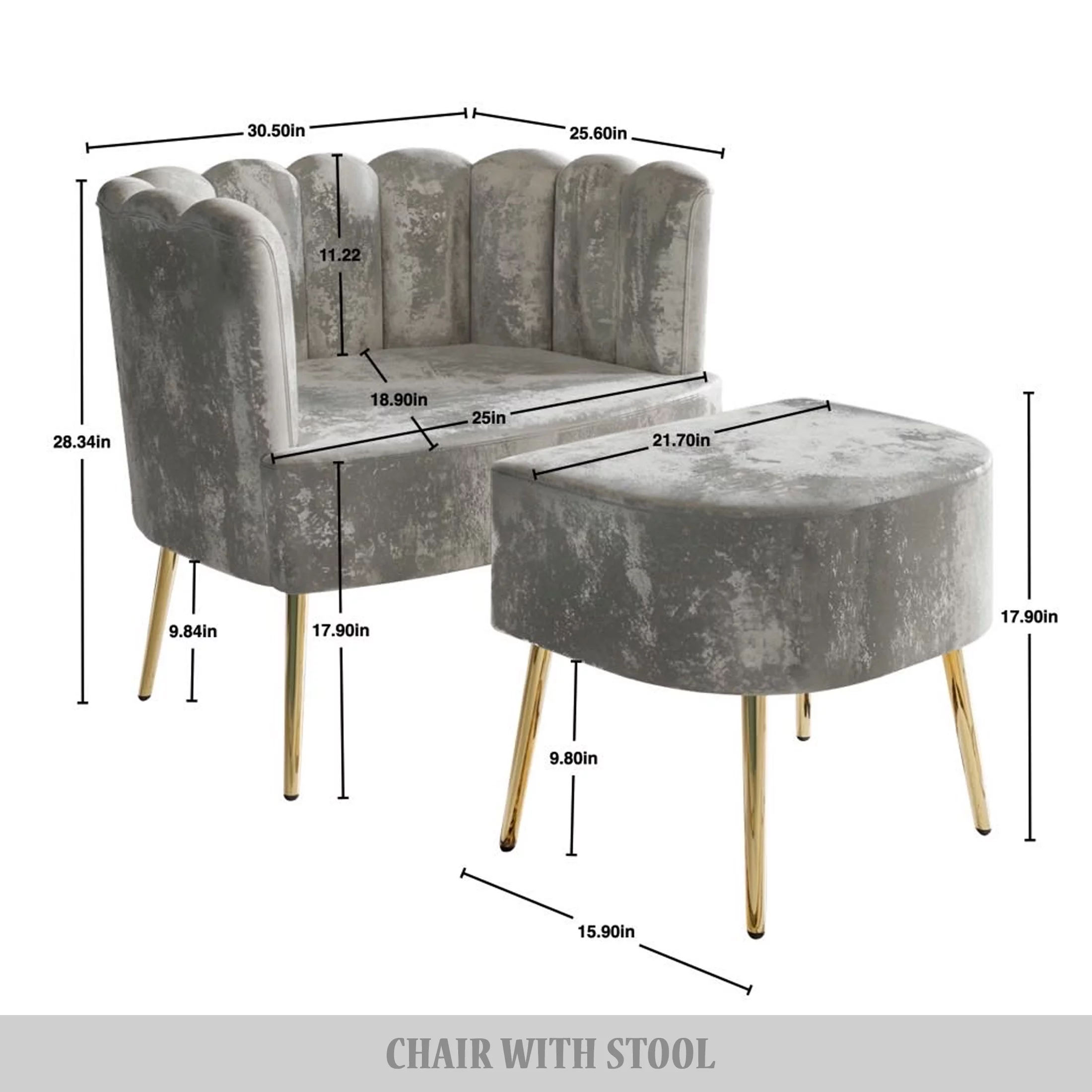 Castle Place Modern Luxury Upholstered Velvet Chair with Stool, Light Pink