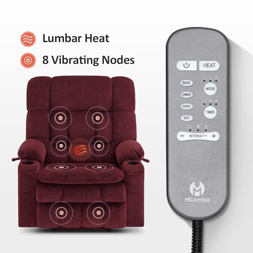 MCombo Dual Motor Power Lift Recliner Chair with Massage and Heat for Elderly People, Infinite Position, USB Ports, Cup Holders, Fabric 7890 (Medium-Regular, Burgundy)