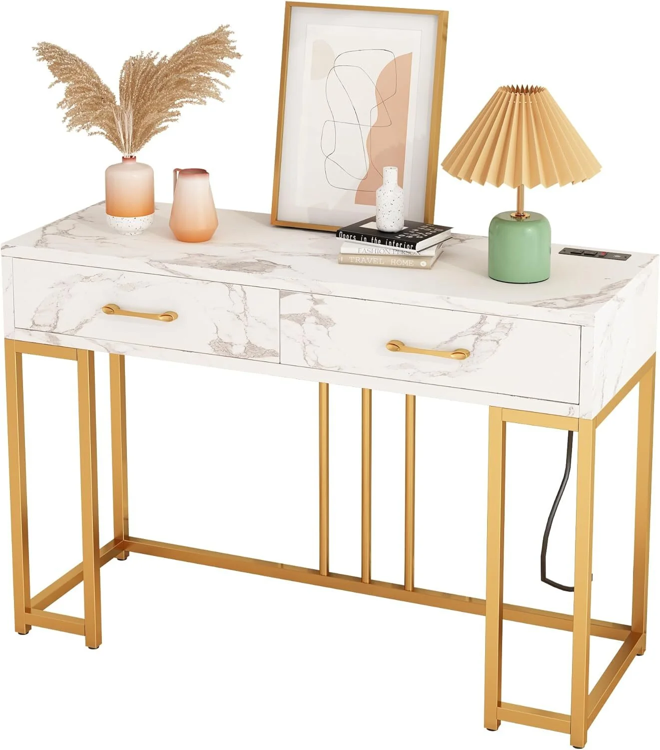 Console Table for Entryway, Sofa Table Narrow Long, 1-Tier Entryway Hallway Table with 2 Drawer for Entryway, Living Room, Couch (Marble White)