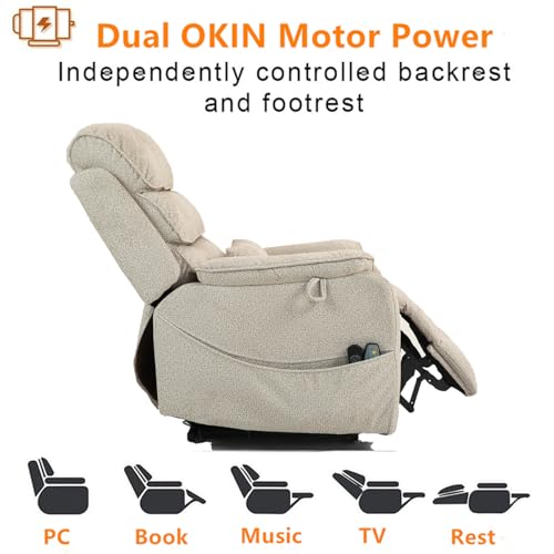 Light Grey Recliner Chair for Elderly | Tall and Big Man 400lbs | Chenille | Power Lift, Lay Flat, Stand Up, Wireless Charging Device, Extended Footrest, Massage Heat, Cup Holder, Lumbar Pillow