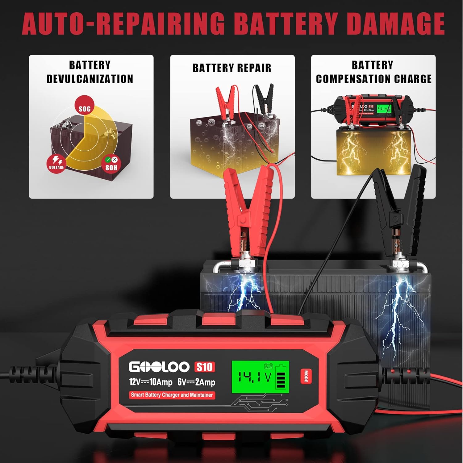 GOOLOO 10-Amp Car Battery Charger, 6V and 12V Fully Automatic Battery Charger Maintainer, Trickle Charger, Supersafe Smart Battery Desulfator for Lead-Acid Batteries(S10)
