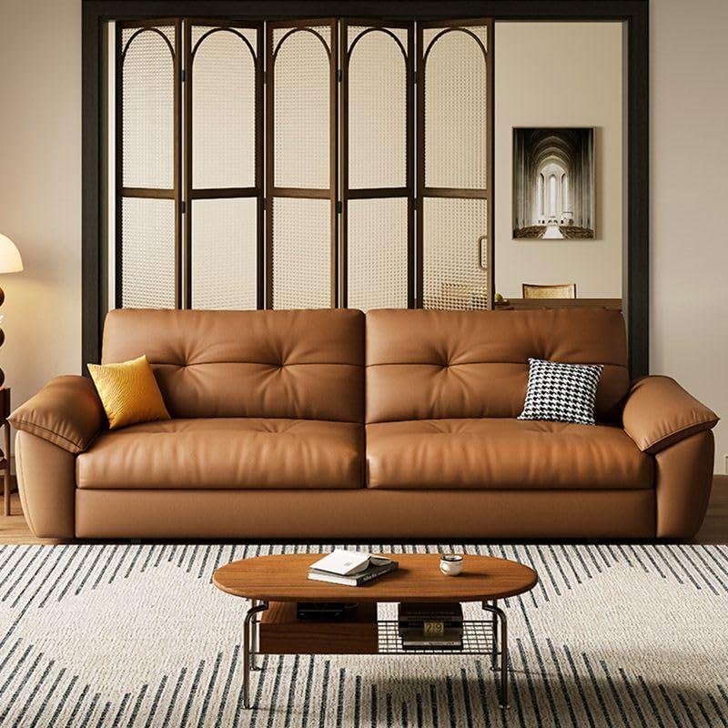 CraftThink Convertible Sleeper Sofa Bed, Modern Brown Genuine Leather Futon Sofa Bed with Tufted Back, Casters, and Pillow Included for Living Room Bedroom, Storage Included 81" L x 33.5" D x 35" H