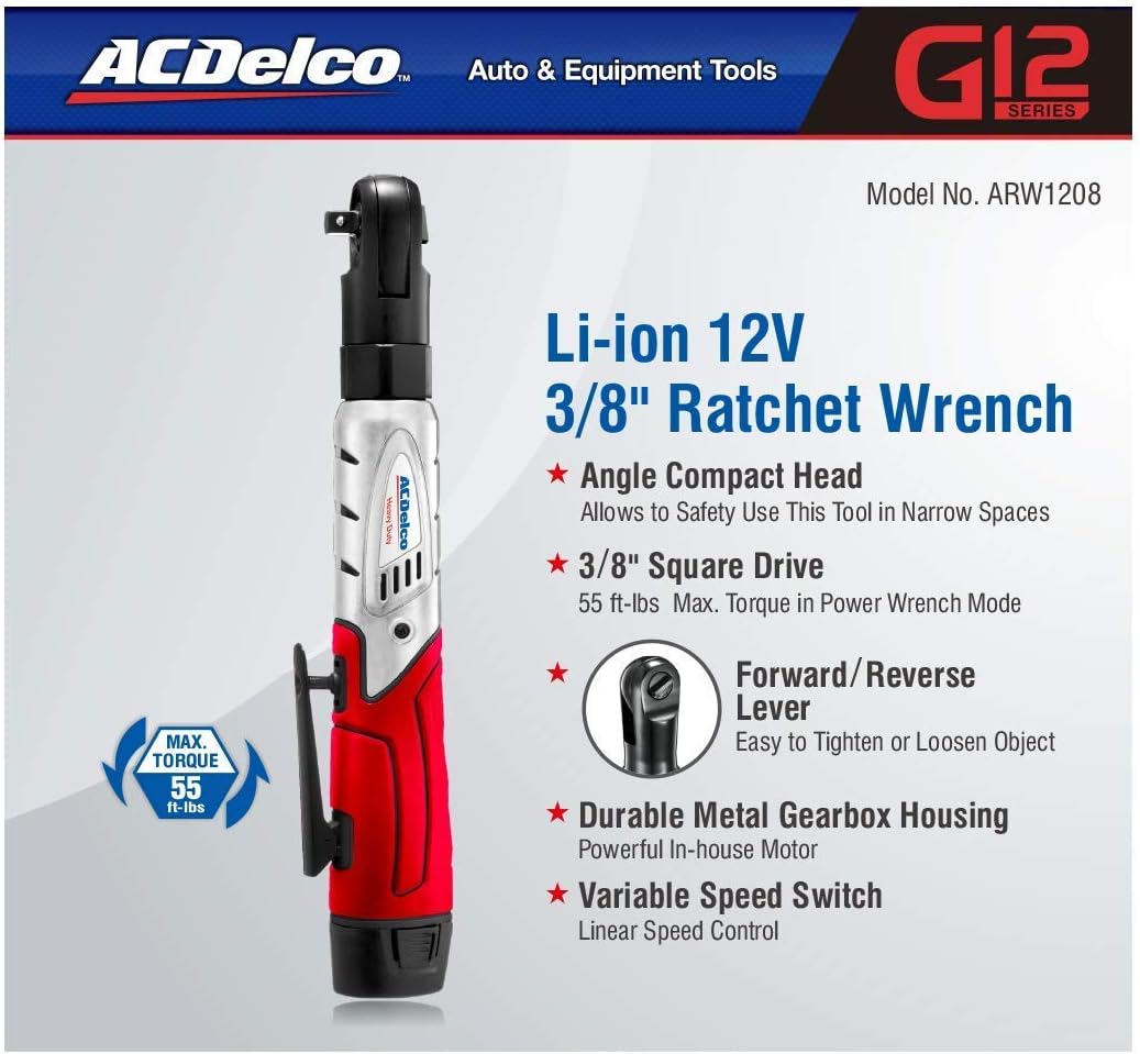 ACDelco Cordless 3/8 Ratchet Wrench 12V Angled 55 ft-lb Tool Set with 1 Batteries - Regular Charger - Carrying Case ,ARW1208