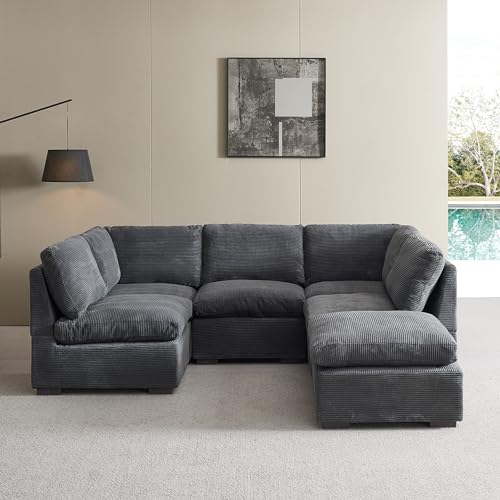 131" Oversized Modular 6 Seaters Cloud Sectional Sofa W/Reversible Chaises, Modern TV Couch L/U Shaped Free Combined Deep Seat Corner Sofa&Couch with Movable Ottoman Coffee Table for Living Room