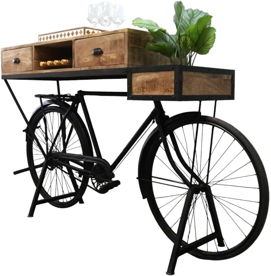 Sundara Furnishings Vintage Bicycle Console Table with Drawers & Storage, Mango Wood, 76L x 18W x 44H inches