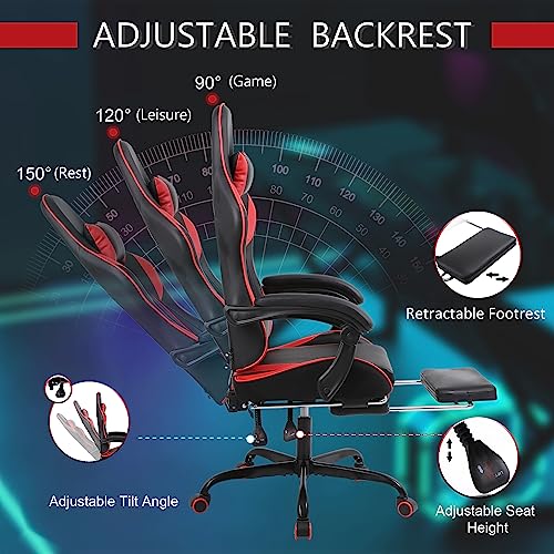 Ergonomic Gaming Chair with Footrest Racing Style, Grey and Black Gaming Chair with Massage,Computer Video Gaming Chair for Adults Comfortable