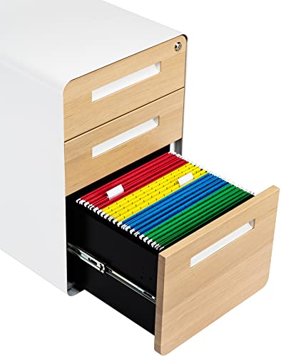 Laura Davidson Furniture Stockpile 3 Drawer File Cabinet with Lock - Under Office Desk Metal Filing Cabinet, Legal/Letter File Folders, Wheels and Stationary Feet, Pre-Assembled, White/Orange
