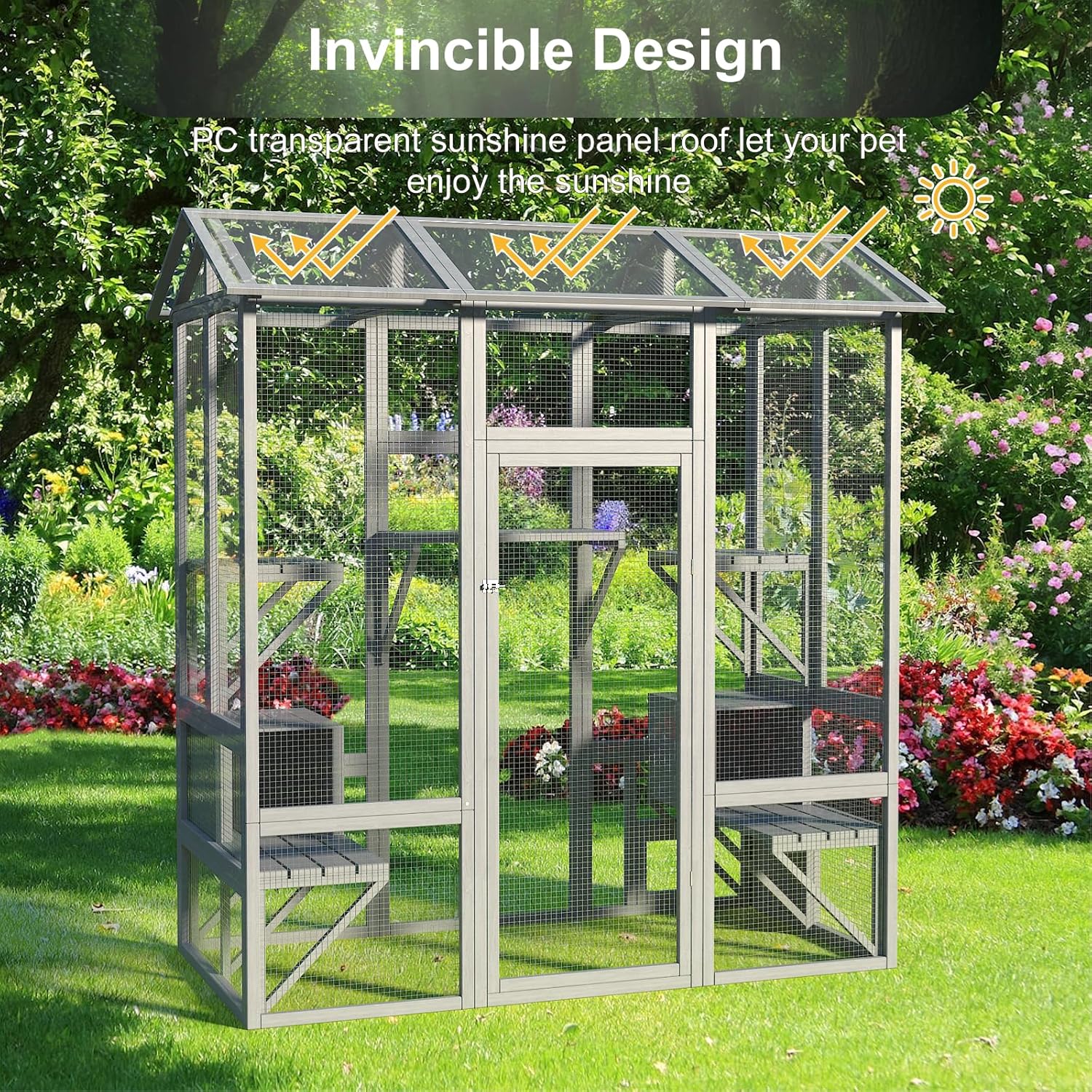 Cat Catio, Large Cat House Outdoor, Outside Cat Enclosure with Sunshine Panel Roof and Waterproof Cover, Wooden Cat Cage with 7 Platforms & 2 Resting Box, Walk in Feral Cat Shelter, 72 inch
