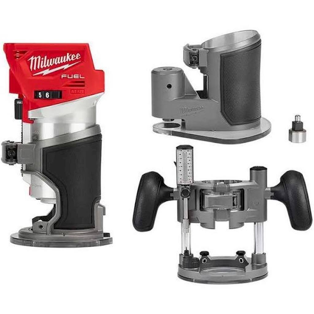 Milwaukee M18 Fuel 18-Volt Lithium-Ion Brushless Cordless Compact Router w/ Compact Router Offset Base u0026 Router Plunge Base