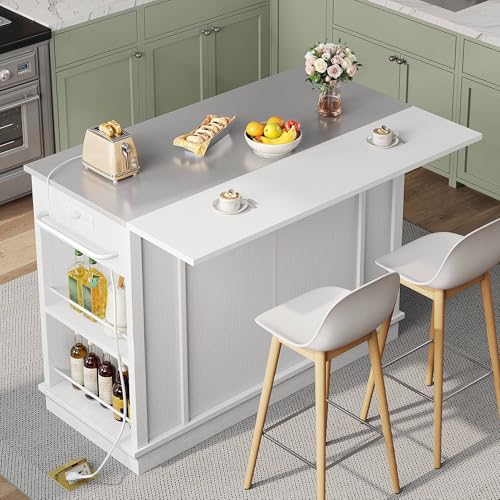 YITAHOME Kitchen Island with Stainless Steel Top & Drop Leaf, 47 Inch Kitchen Island on Wheels with Power Outlet, Rolling Portable Mobile Kitchen Cart w Storage Drawer Cabinet Counter Metal Top, White