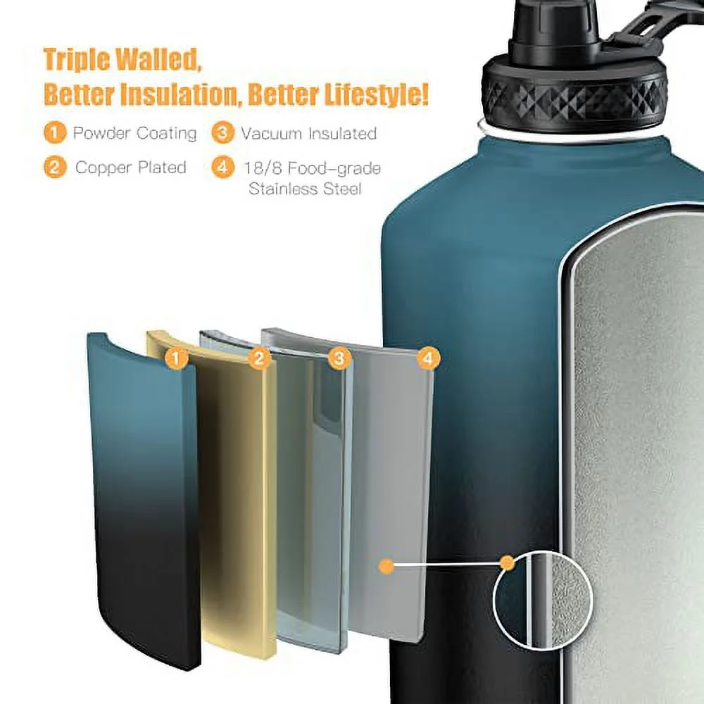 Water Bottles 64 oz, Topre Insulated Water Bottle with Straw, Double Walled Vacuum Stainless Steel Water Bottle , Leak Proof Large Water Bottle with 3 Lids & Brush, Sport Water Bottle For Gym Camping