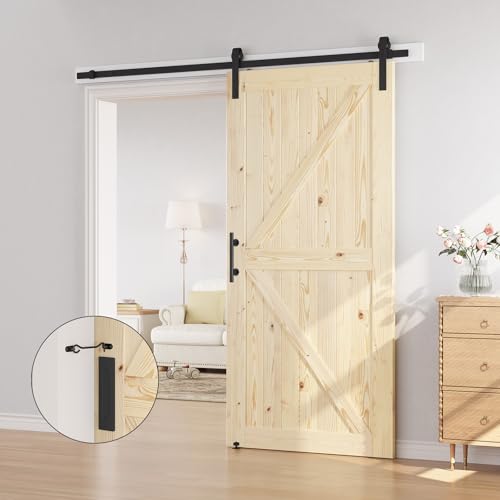 SMARTSTANDARD 36in x 84in Sliding Barn Door with 6.6ft Barn Door Hardware Kit Included, Unfinished Solid Spruce Wood Door, Assembly Required, DIY, Stainable, Natural