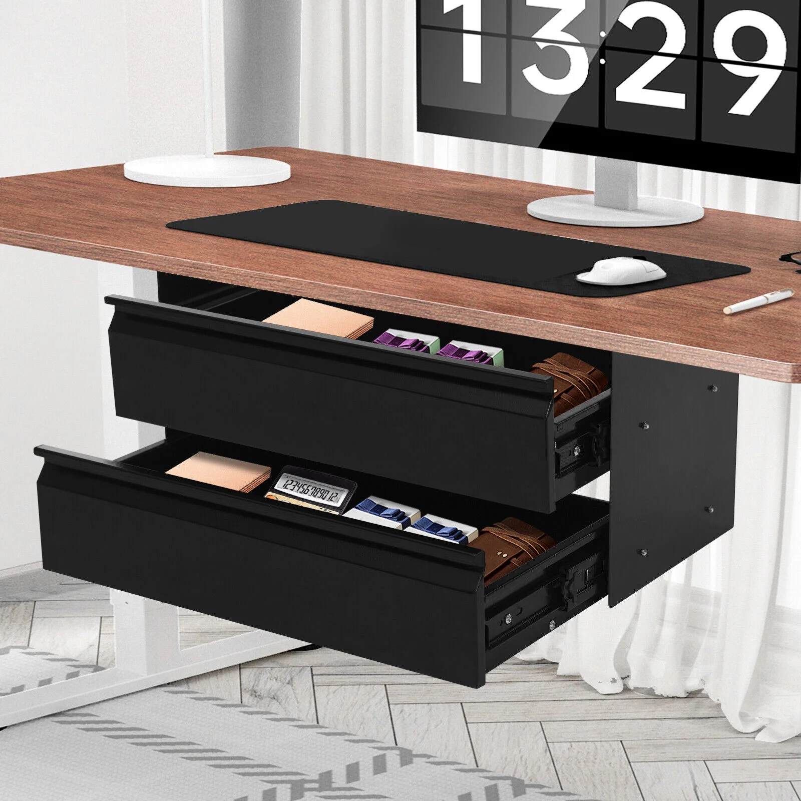 2-Tier Under Desk Sliding Drawer Organizer, Black Steel Pull-Out Storage Tray for Office Study, 6.6LB Capacity