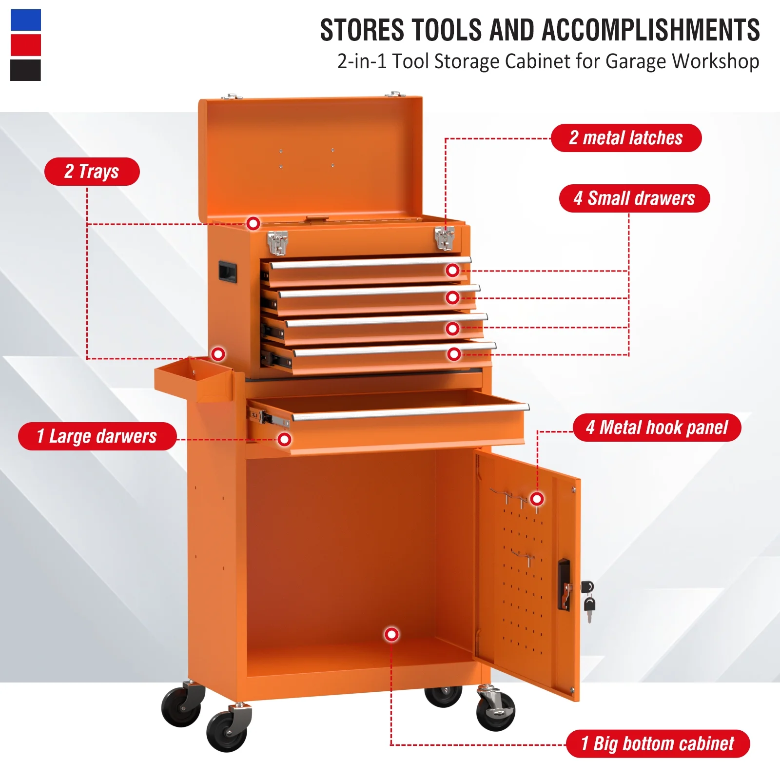 5-Drawer Big Rolling Tool Chest,Tool Storage Cabinet with Lockable Drawers, Mobile Steel Toolbox for Workshop and Mechanics Garage (Orange)