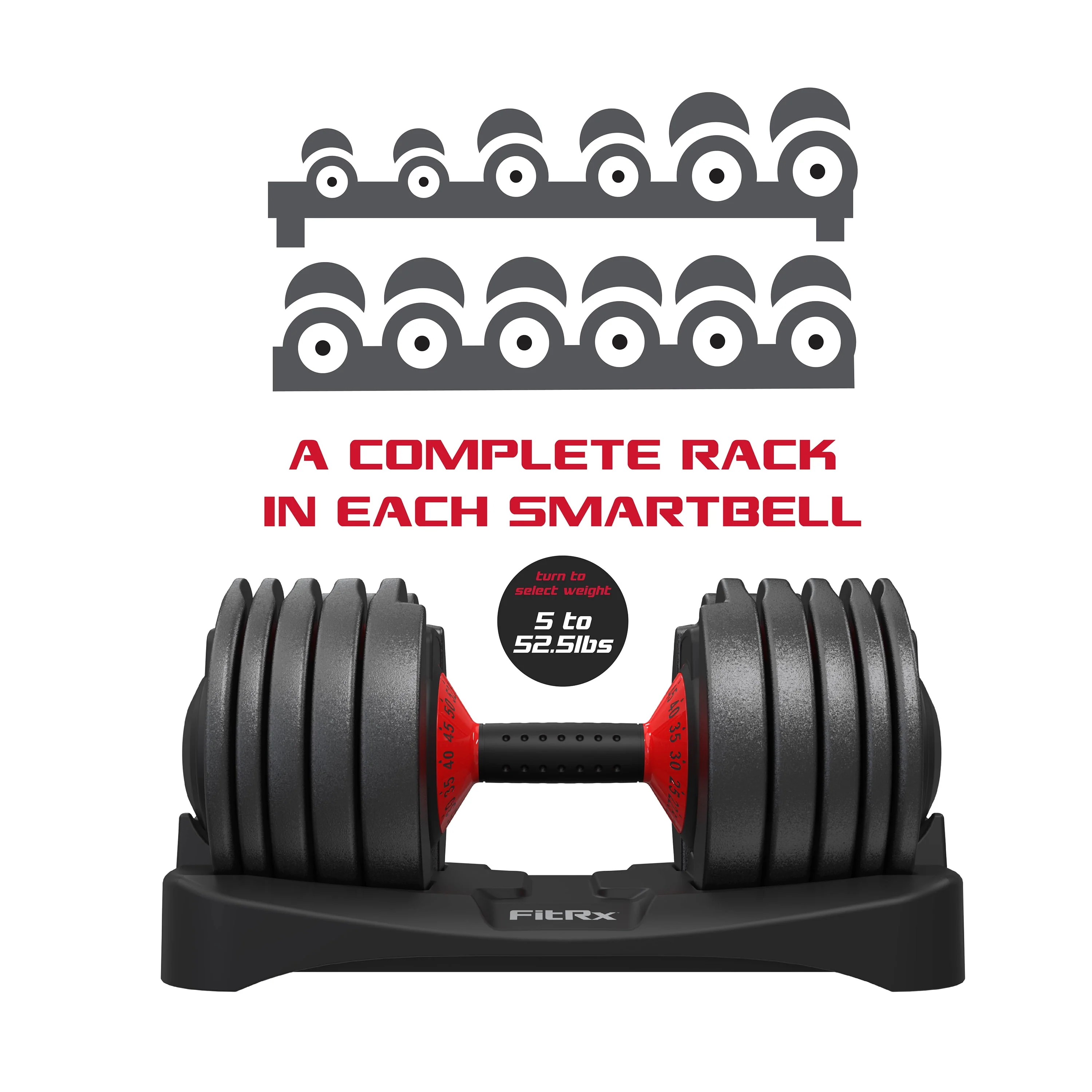 FitRx SmartBell, Quick-Select Adjustable Dumbbell, 5-52.5 lbs. Weight, Black, Single