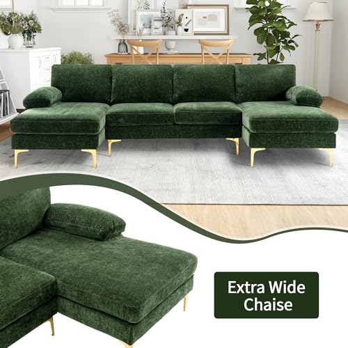 Modern U-Shaped Sectional Couch for Living Room - 110 in Chenille 4 Seater with Double Chaises and Golden Metal Legs - Ideal for Home, Office, Bedroom, Apartment, Green
