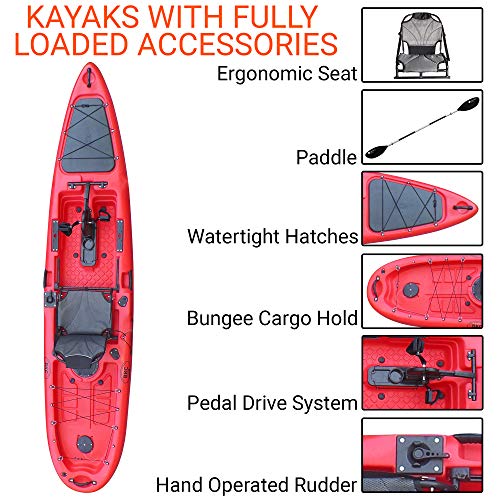 BKC PK13 13' Pedal Drive Fishing Kayak W/Rudder System and Instant Reverse, Paddle, Upright Back Support Aluminum Frame Seat, 1 Person Foot Operated Kayak