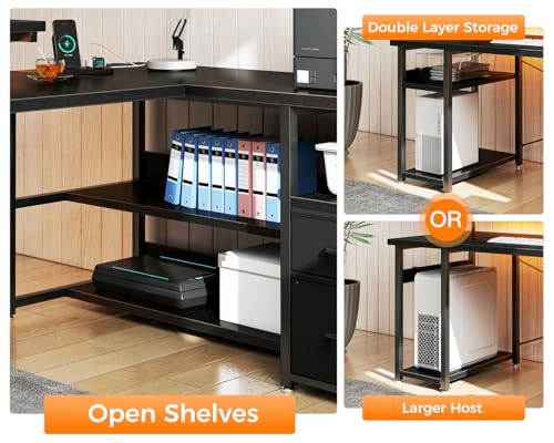 ODK L Shaped Gaming Desk with File Drawers, Reversible Computer Desk with Power Outlets & LED Lights, Home Office Desk with Storage Shelves, 61 Inch Bedroom Corner Desk with Monitor Stand, Grey