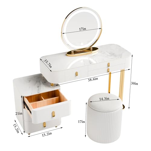 Makeup Vanity Set,Desk with Mirror and Lights,6 Large Capacity Wood Drawers and Soft Petal Chair,Dressing Table with Movable Bedside Table Deal Gift for Her,for Bedroom (39"-White)