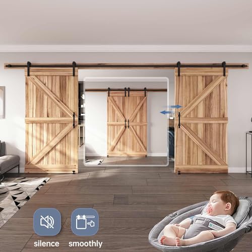 EaseLife 12 FT Double Sliding Barn Door Track and Handle Hardware Kit,Straight Pulley,Slide Smoothly Quietly,Easy Install (12FT Track Kit for 33"~36" Wide Double Door)