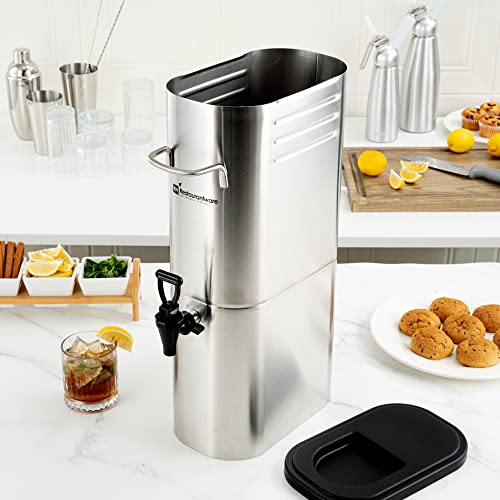 Restaurantware Bev Tek 3 Gallon Iced Tea Dispenser 1 Slim Design Iced Tea Server - No-Drip Spigot Cold & Hot Drink Friendly Silver 13/0 Stainless Steel Iced Beverage Dispenser With Handles