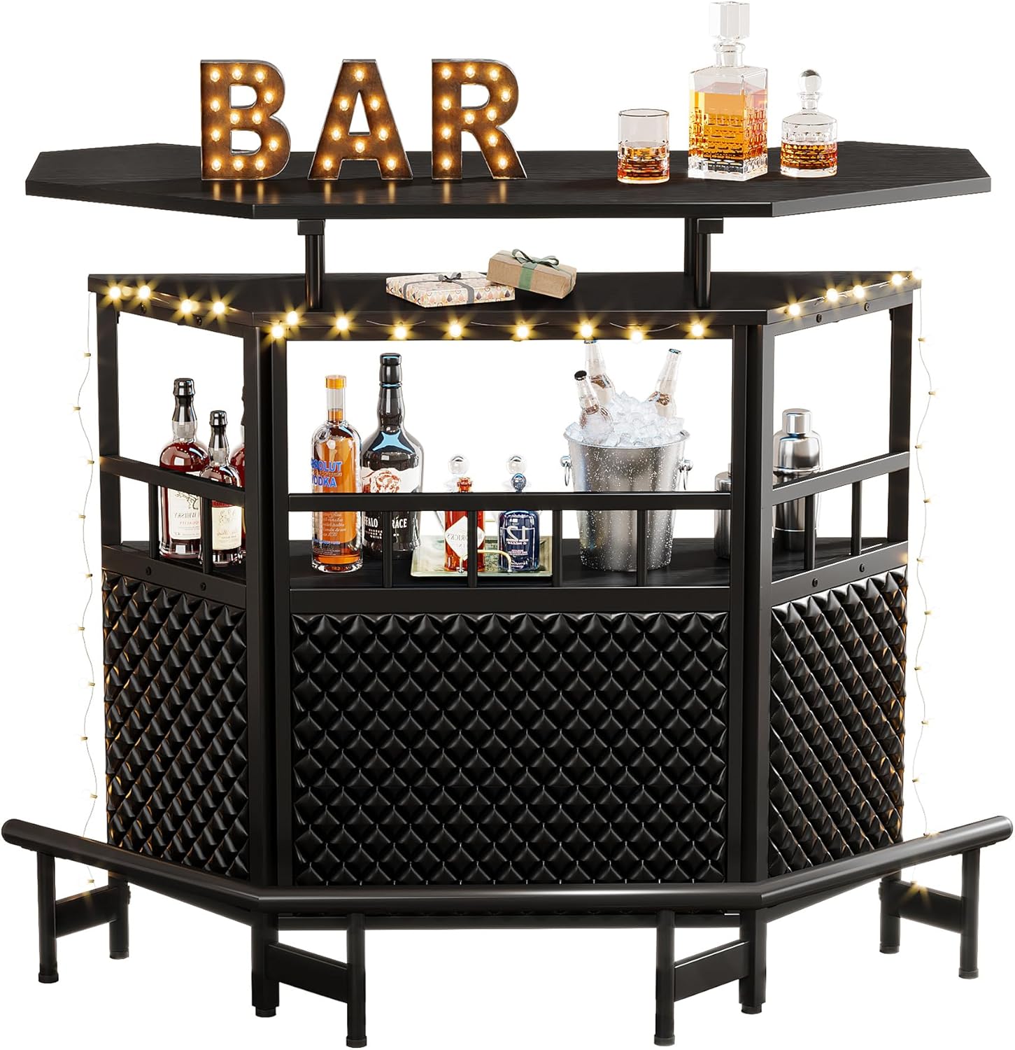 Bar Unit for Liquor, 4 Tier Home Bar Cabinet with Stemware Rack, Storage Shelf and Footrest, 47.24" L x 20.86" W x 43.3" H, Black
