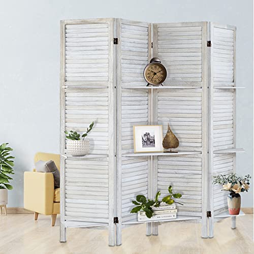 Room Divider with Shelves, Privacy Screen, Room Dividers and Folding Privacy Screens, 5 Panel Wood Temporary Wall Partition Separation Separator, Coconut