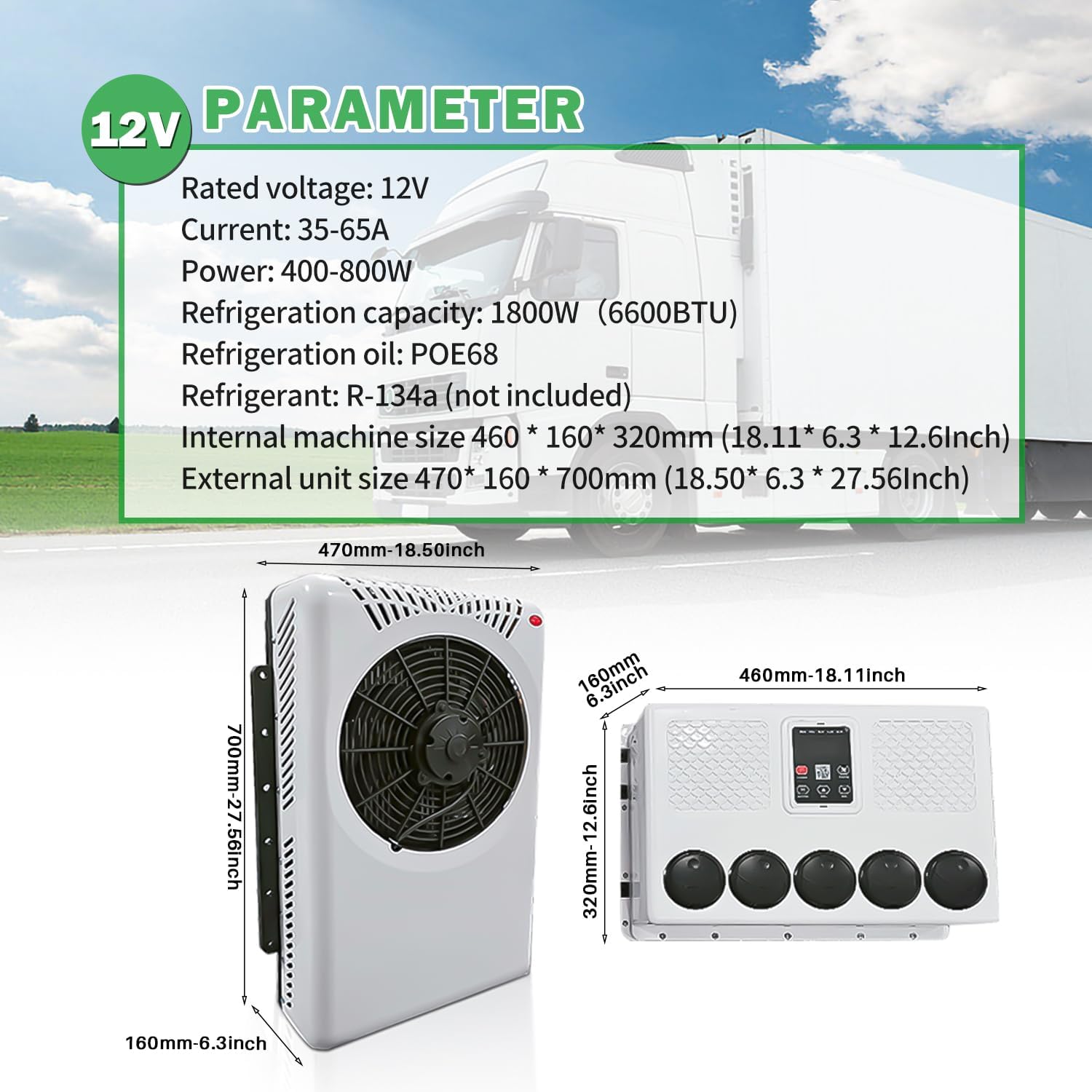 12V Truck DC Air Conditioner 7500 BTU - Treeligo Ultra-thin 12 volt Scroll Compressor A/C unit with for Van Truck RV Motorhome Camper Carriage Seam installed
