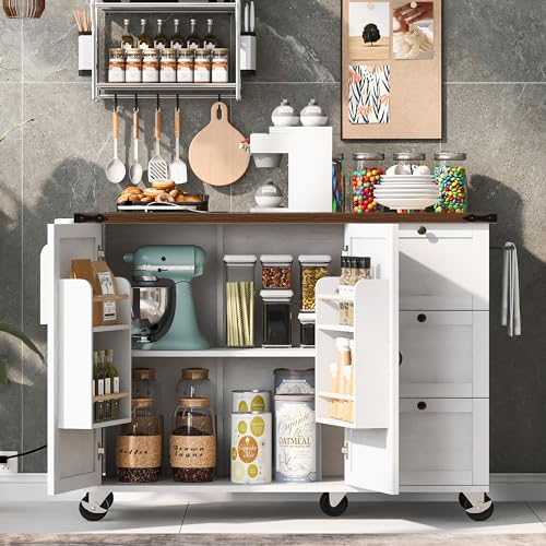 54.5" Farmhouse Mobile Kitchen Island with Power Outlet, Drop Leaf, Spice Rack and Drawer - Rolling Kitchen Cart with Ample Storage, Rustic Storage Islands for Home and Dining Room