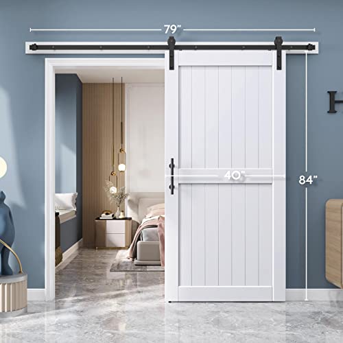 EaseLife 54 x 84 inch White Barn Door with 9FT Sliding Door Hardware Kit Included & Handle,Solid Wood Covered with Waterproof PVC Surface,DIY Assemblely,Easy Install,H-Frame,Fit 50-52in Wide Opening
