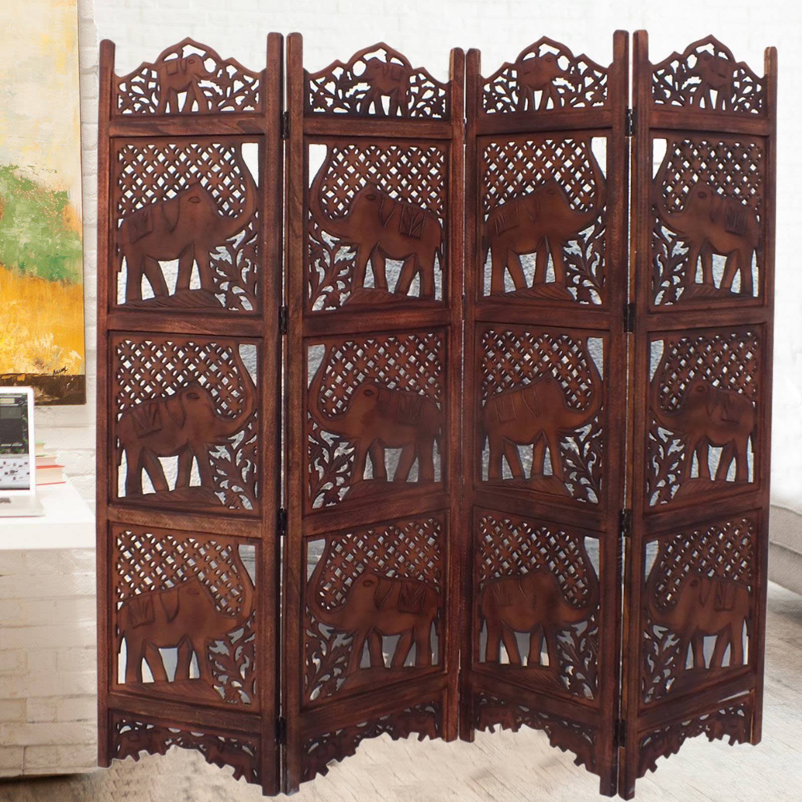 Benzara Hand Carved Elephant Design Foldable 4 Panel Wooden Room Divider, Brown