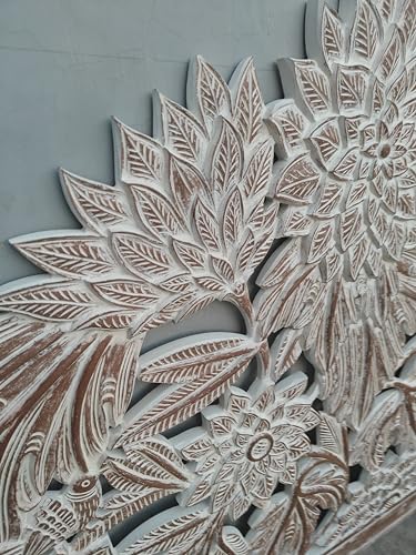 SMARTCAREWOOD Hand Carving- Half Moon Bed Headboard Natural | Bed Head Wall Art | Tropical Home Decor |