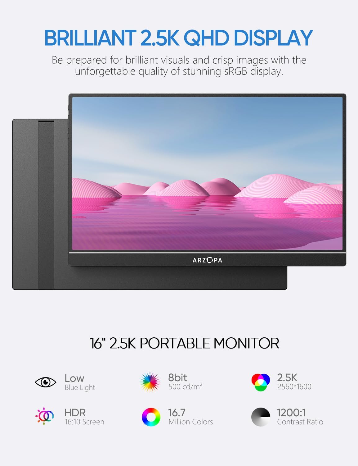 ARZOPA 2.5K Portable Monitor 16" 2560x1600 HDR Kickstand Display, 500nits 8bit QHD USB-C HDMI Laptop Monitor, 16:10 IPS Eye Care External Second Screen for Mac PC Phone PS4/5 Xbox Switch-Z1RC