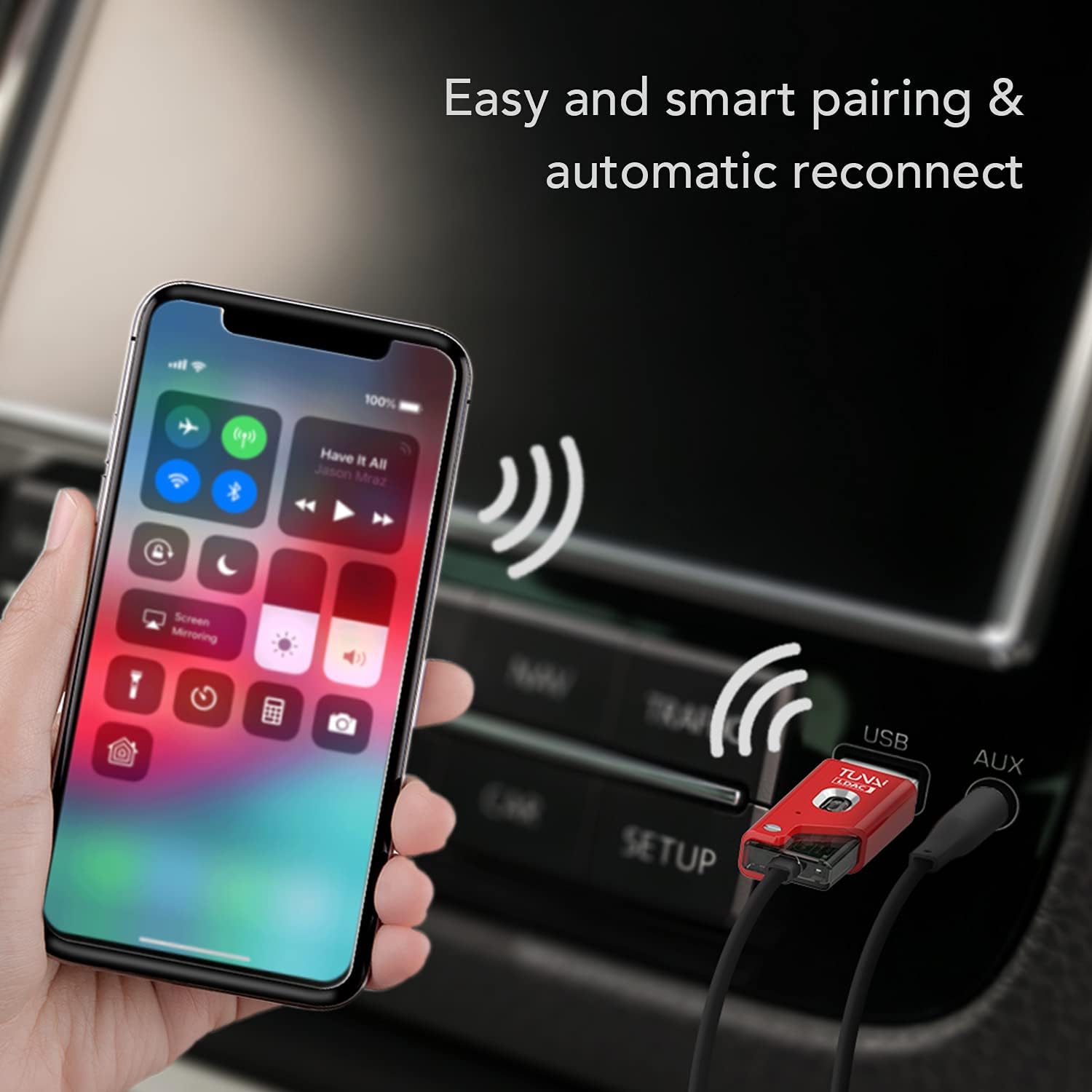 TUNAI Firefly Chat LDAC Bluetooth Adapter - Hifi Wireless Bluetooth 5.0 Receiver with USB DAC 3.5mm AUX for Car/ Home Stereo Music Streaming & Hands-Free Calls - Auto On, No charging needed (Black) Pack of 2