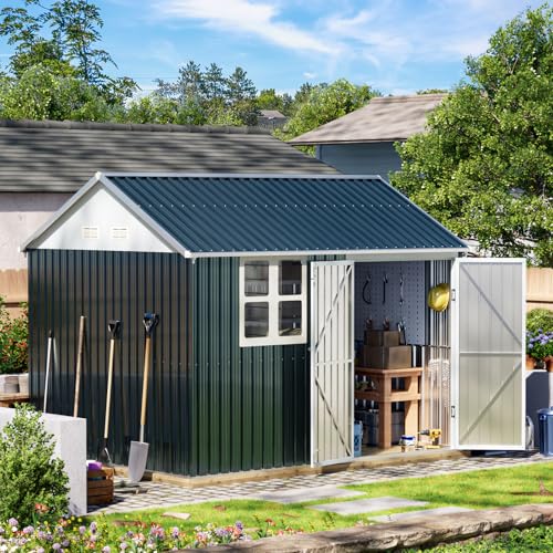 10X12X7.5 FT Outdoor Steel Storage Shed with Lockable Doors, 2 Windows, Transparent Roof Panels (Wood Panels & Frame Floor Not Included), Ideal for Patio Storage,Garbage Can, Chicken Coop，Brown