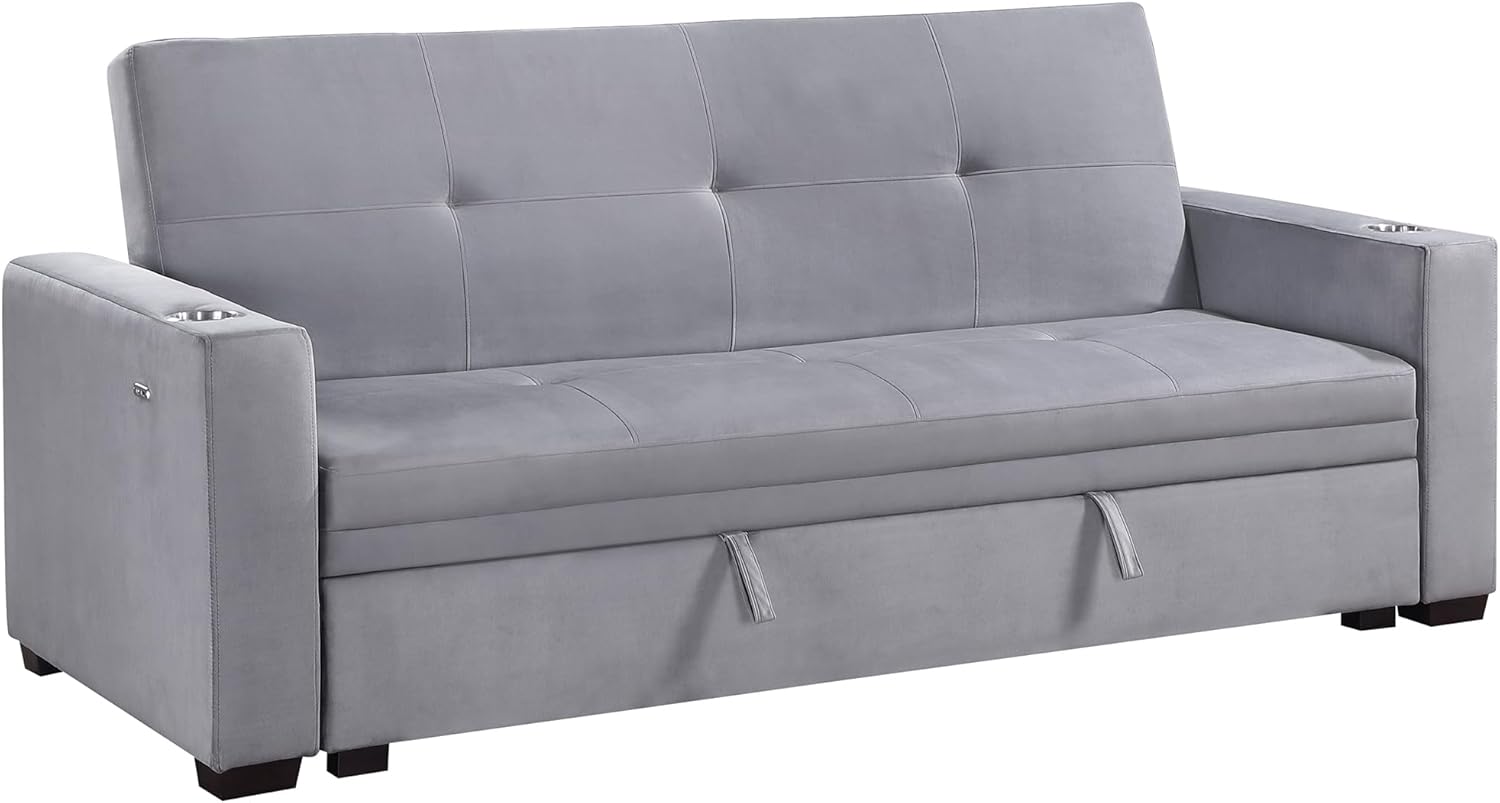 Lexicon Futon Sofa Bed, 83.5" Couch, Sleeper Sofa, Velvet Futon with Storage, Armrest, Two Cup Holders and USB Ports, Sofa Cama, Couches for Living Room and Bedroom, Grey