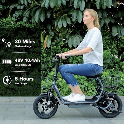 Caroma Peak 1200W Electric Scooter with Seat, 14" Fat Tire Electric Scooters for Adults, 500Wh Battery up to 30 Miles&20MPH, Foldable Adult Electric Bike for Commuting with Basket&Shock Absorbing