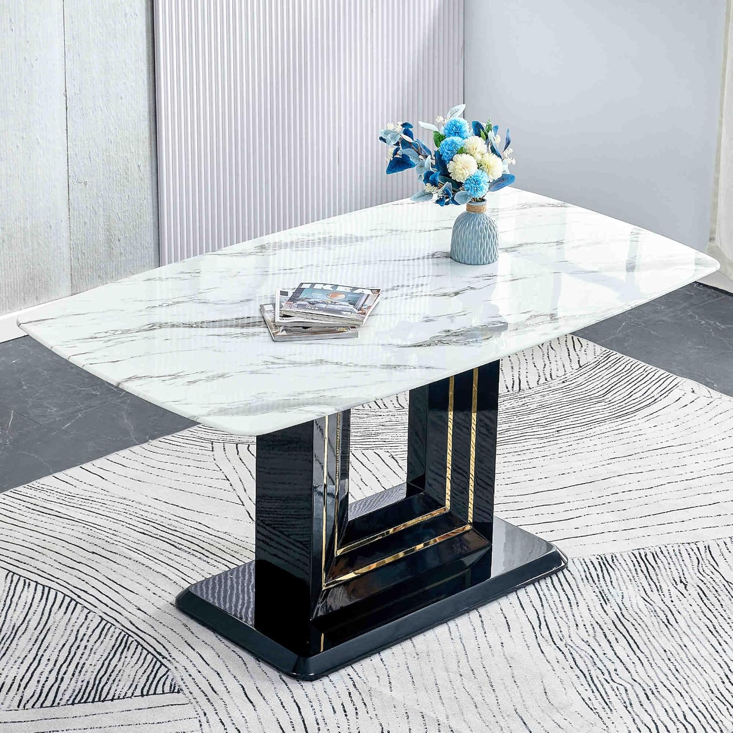 Stylish Furniture for 6 People Modern 7-Piece Dining Table Set with 6 Soft Chairs - Faux Marble Kitchen Table U Shape Table Legs