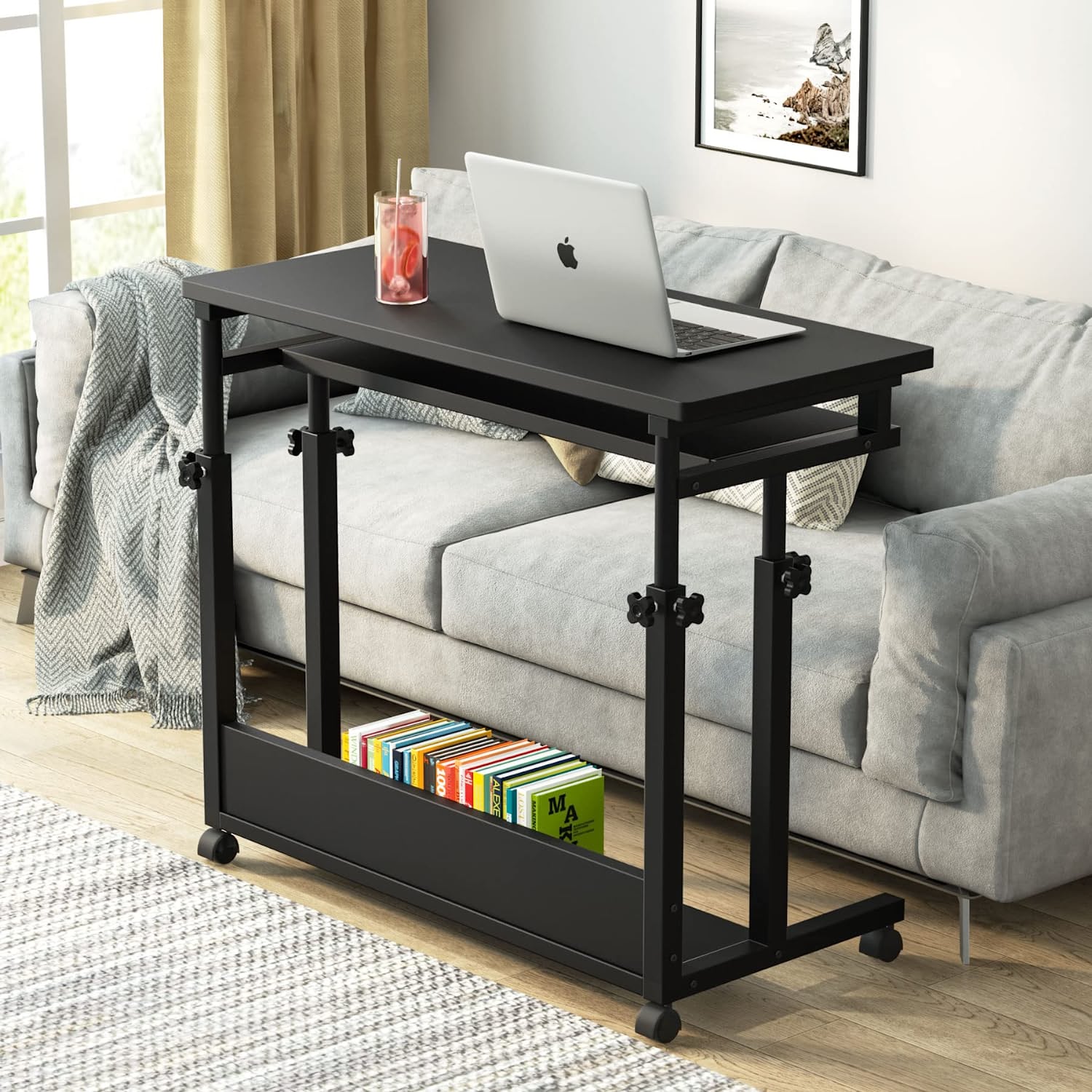 Tribesigns Height Adjustable Computer Desk Sofa Bed Table, Small Rolling Laptop Cart with Keyboard Tray, Black