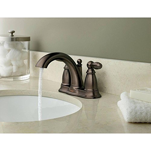 Moen Brantford Oil Rubbed Bronze Two-Handle Low Arc Centerset Bathroom Faucet with Drain Assembly, Bathroom Faucets for Sink 3-hole, 4-inch Wide Standard Setup, 6610ORB