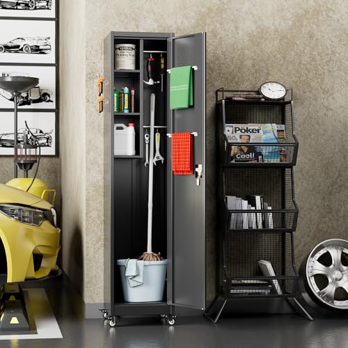 Aobabo 71" H×34" W×18" D Garage Metal Storage Cabinet with Wheels, Locking Steel Storage Cabinet with 5 Shelves and 4 Hooks, for Home Office, School, Assembly Required, Black Silver