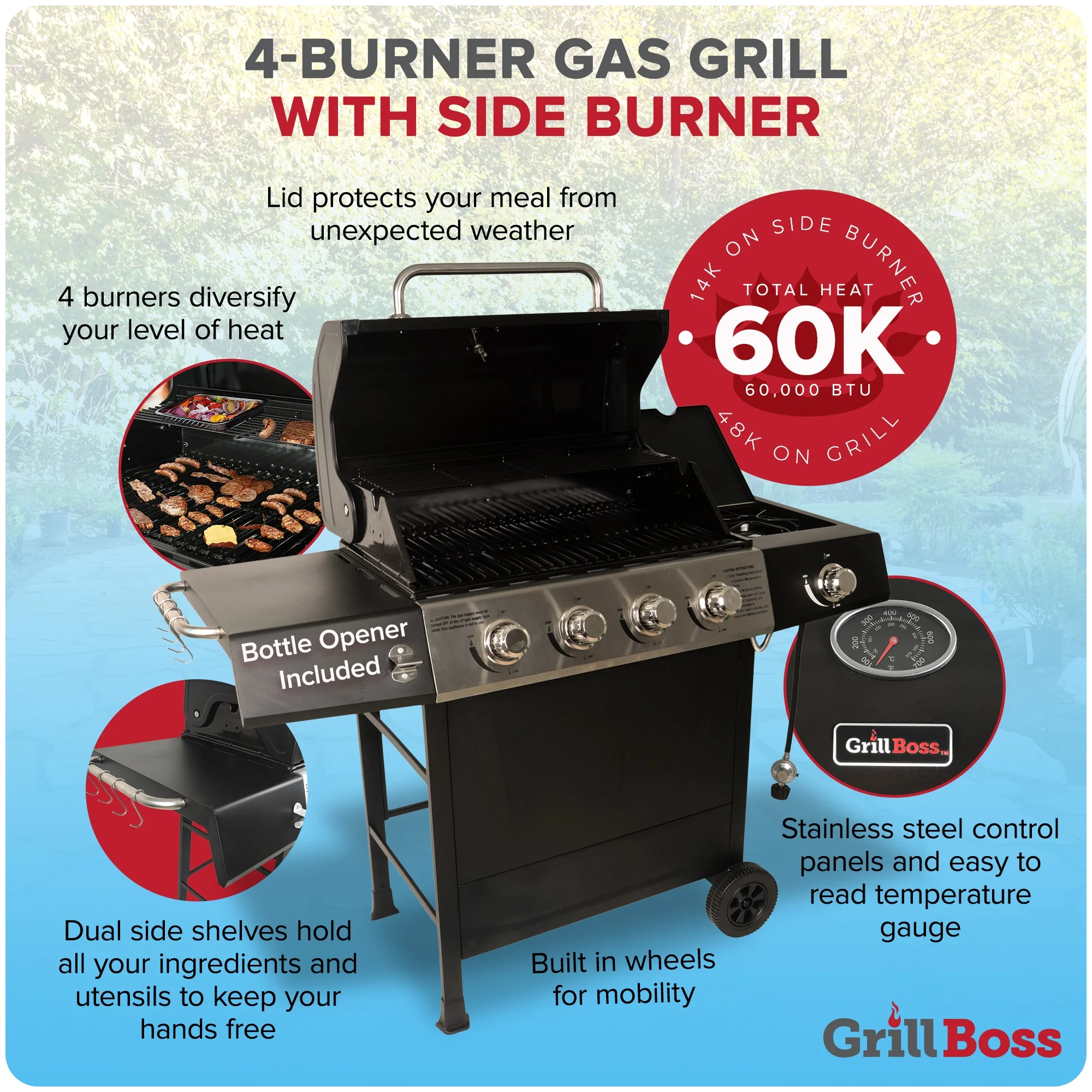 Grill Boss 4-Burner Gas Grill w/ Side Burner, Cover, and Side Shelves