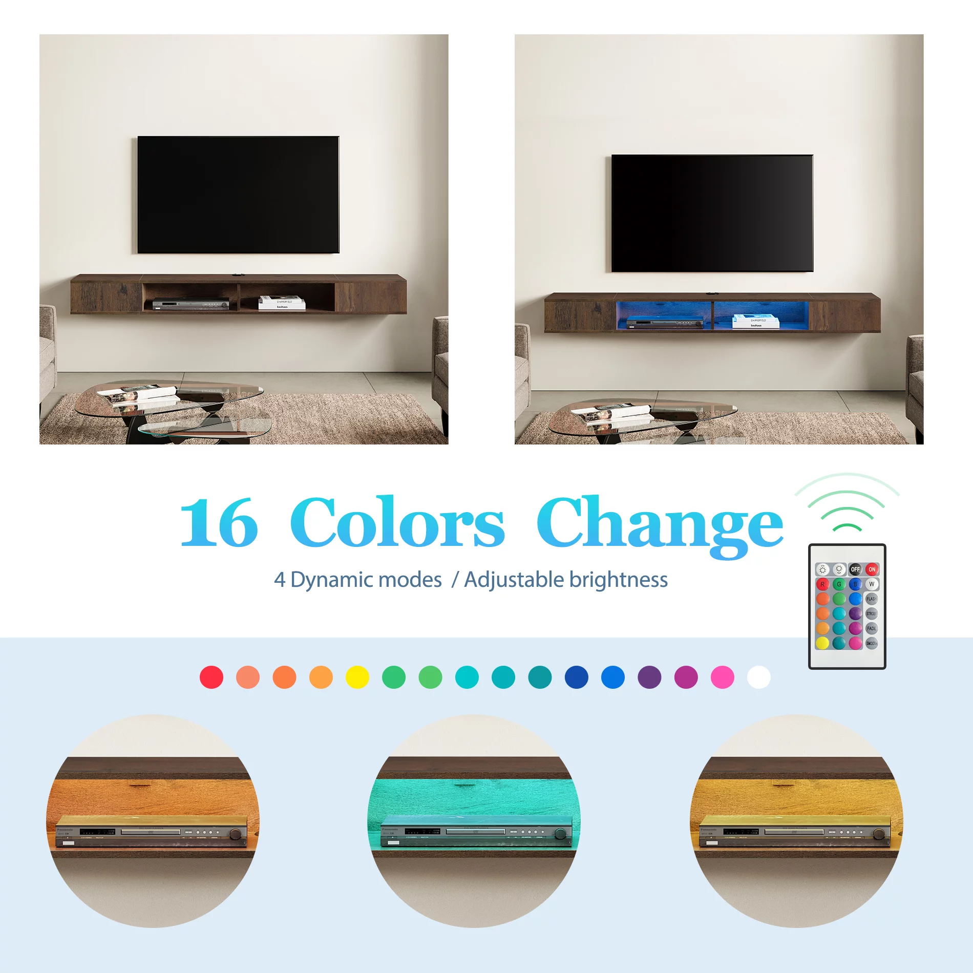 Floating TV Stand Wall Mounted with 16-Color Lights for 65/75/80 Inch TV, Floating Entertainment Center Storage Shelf Living Room, Brown